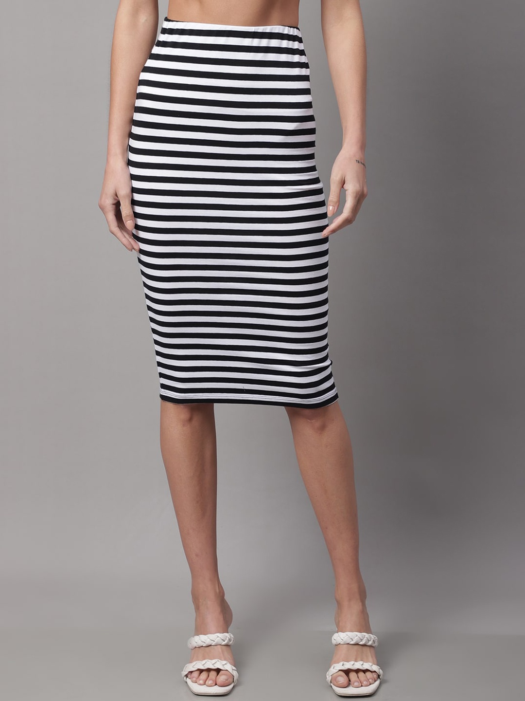 

DOOR74 Striped Printed Straight Knee-Length Skirt, Black