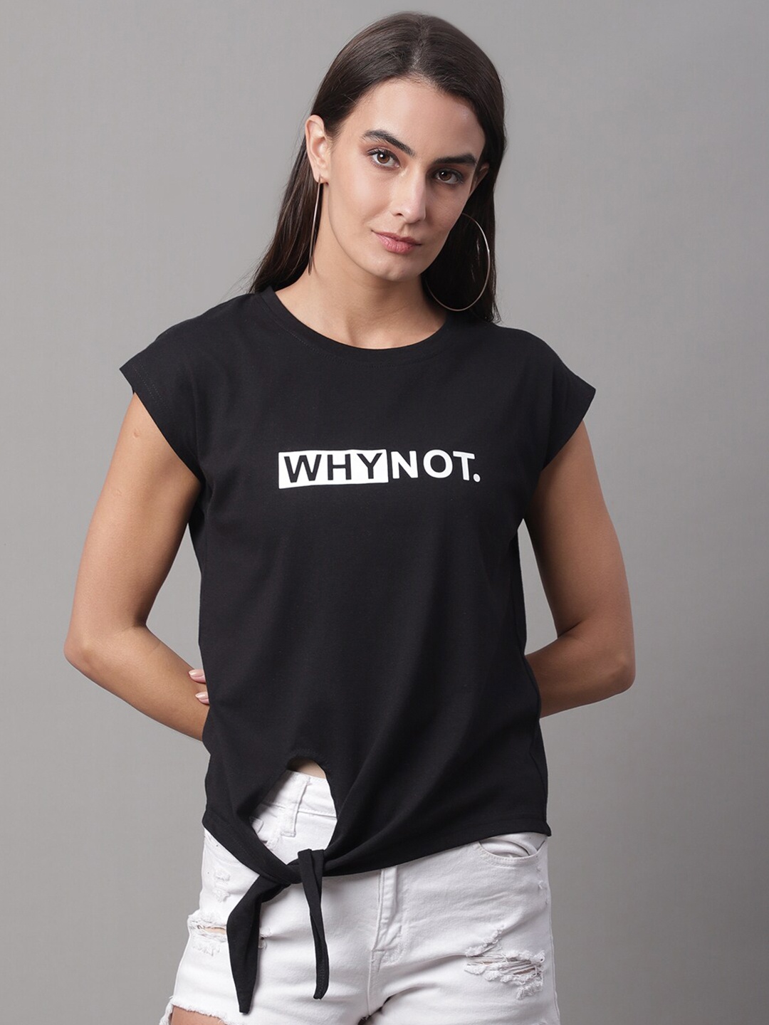 DOOR74 Women Black Typography Printed Applique T-shirt