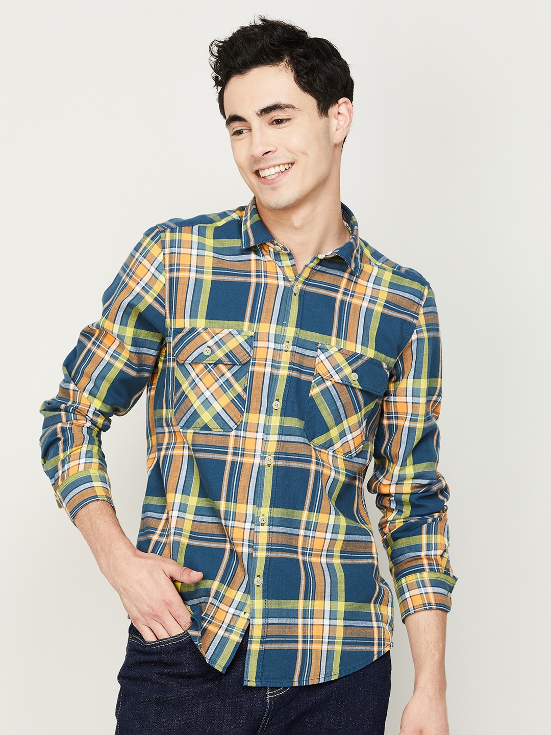 

Bossini Men Navy Blue Tartan Checks Checked Casual Shirt