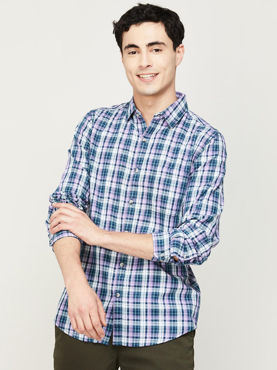 

Forca by Lifestyle Men Navy Blue Tartan Checks Checked Casual Shirt