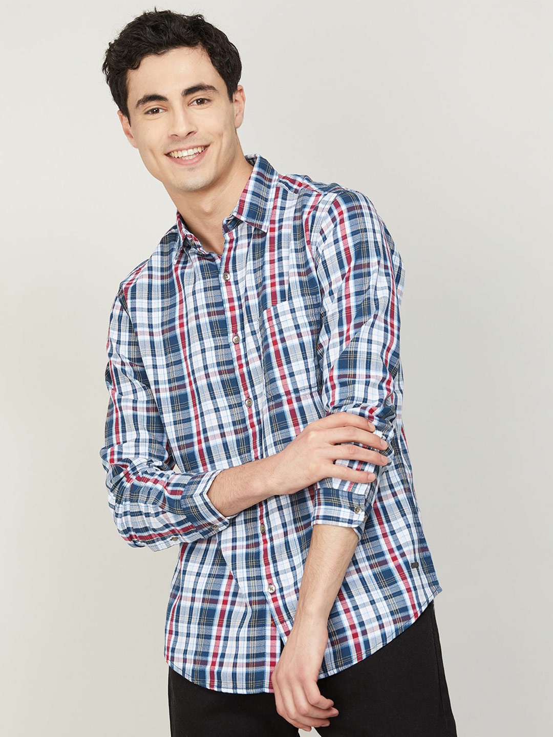 

Forca Men Navy Blue Tartan Checks Checked Casual Shirt