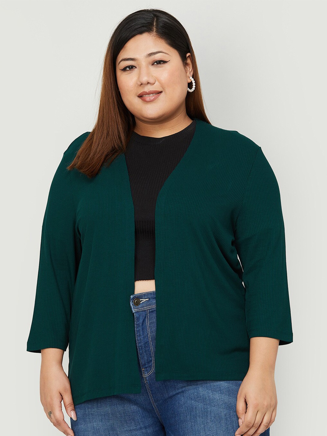 

Nexus by Lifestyle Ribbed Straight Open Front Plus Size Shrug, Green