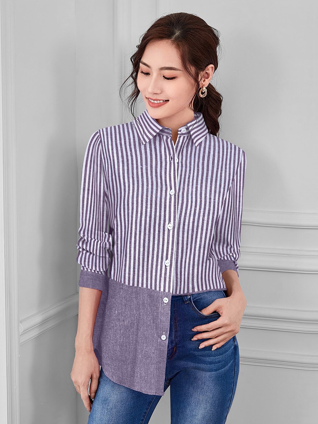 

KERI PERRY Striped Tie-Up Shirt Style Cotton Top, Purple