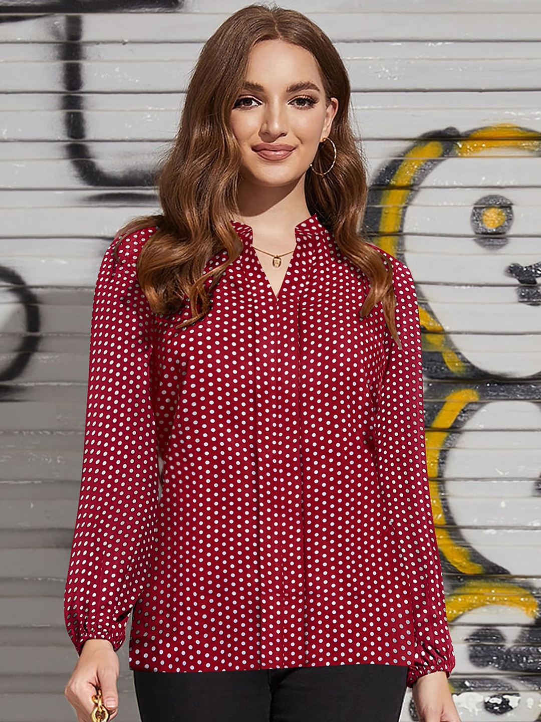 

KERI PERRY Polka Dots Printed Mandarin Collar Shirt Style Top, Maroon