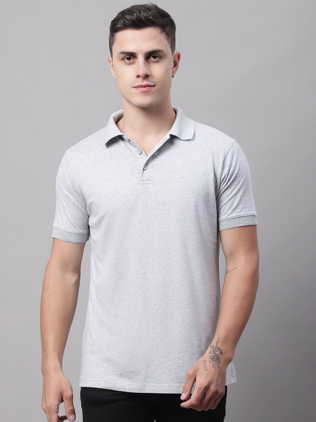 

DOOR74 Men Grey Melange Polo Collar T-shirt