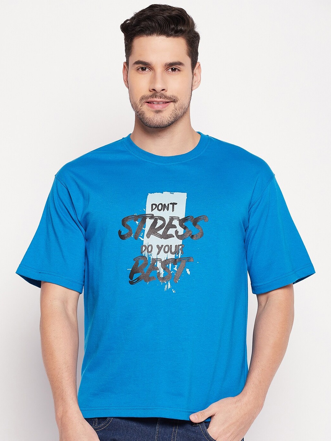 

Club York Round Neck Typography Printed Drop-Shoulder Sleeves T-shirt, Teal