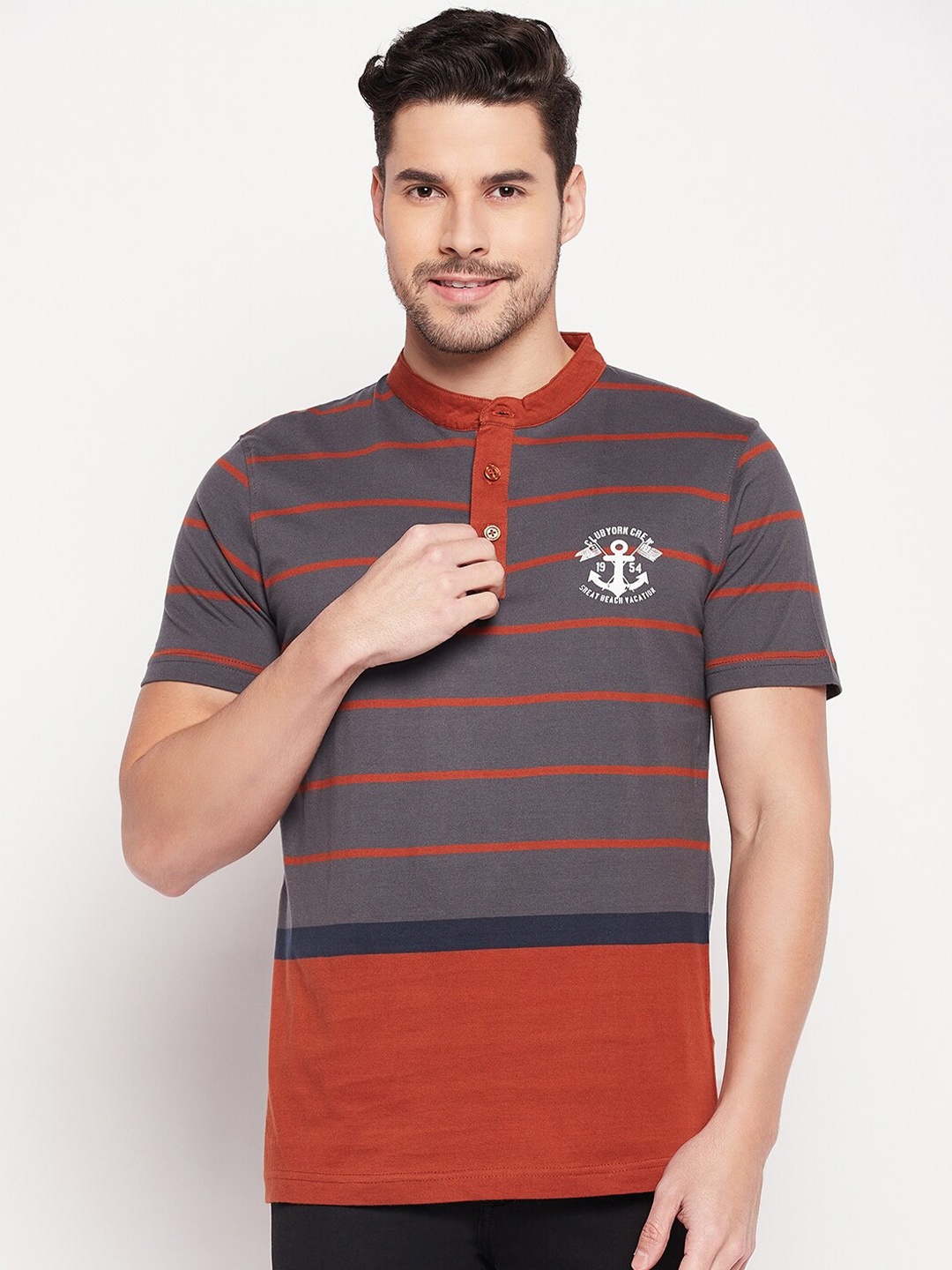 

Club York Striped Henley Neck Cotton T-shirt, Rust