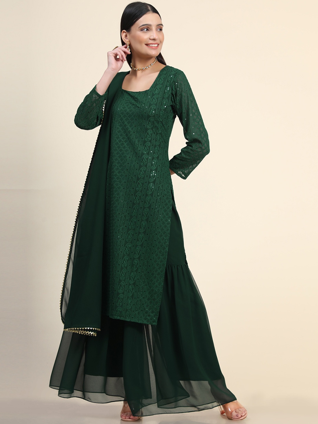 

KALINI Ethnic Motifs Embroidered Chikankari Sequined Kurta with Sharara & Dupatta, Green