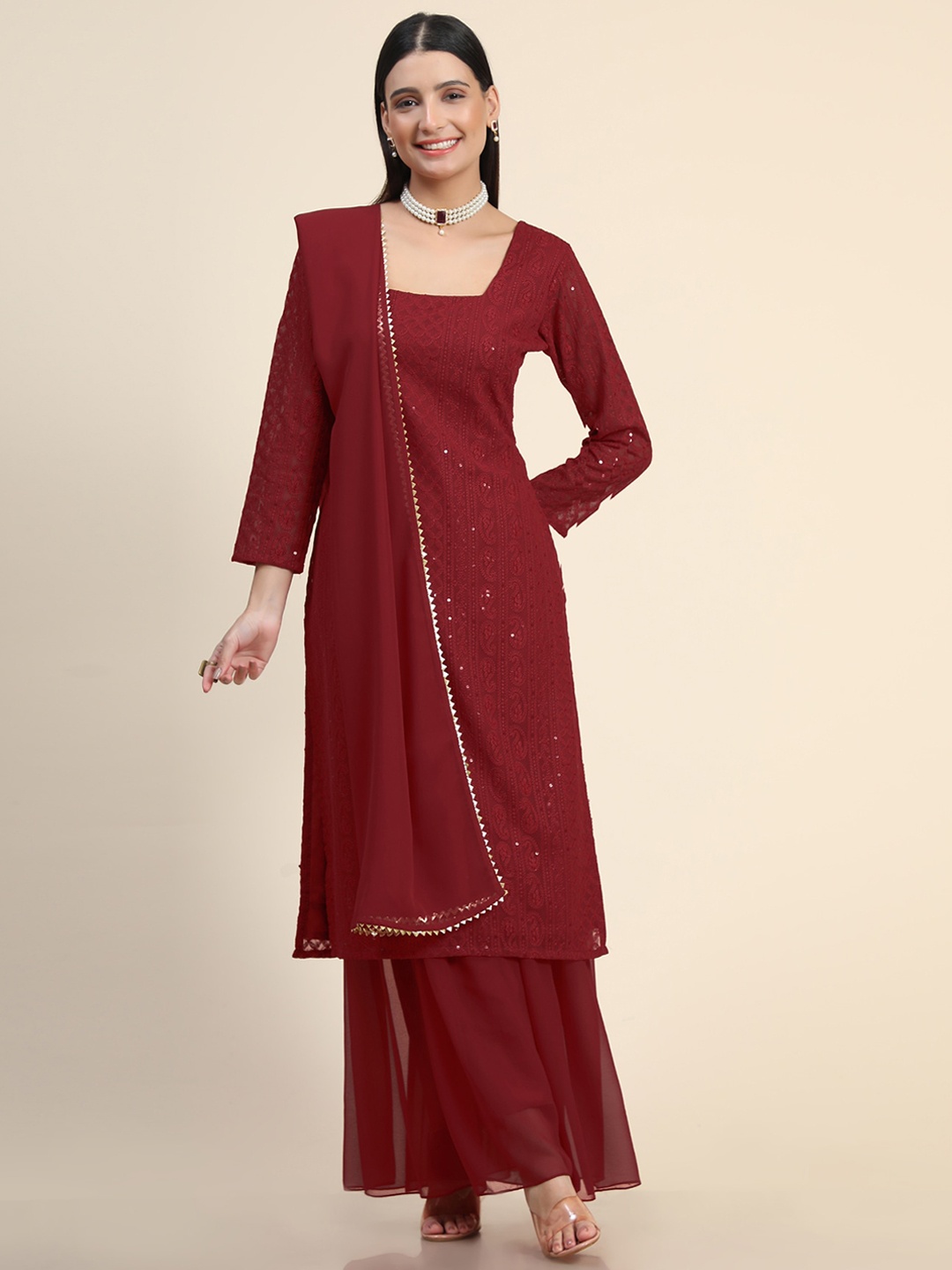 

KALINI Ethnic Motifs Embroidered Chikankari Sequined Kurta with Sharara & Dupatta, Red