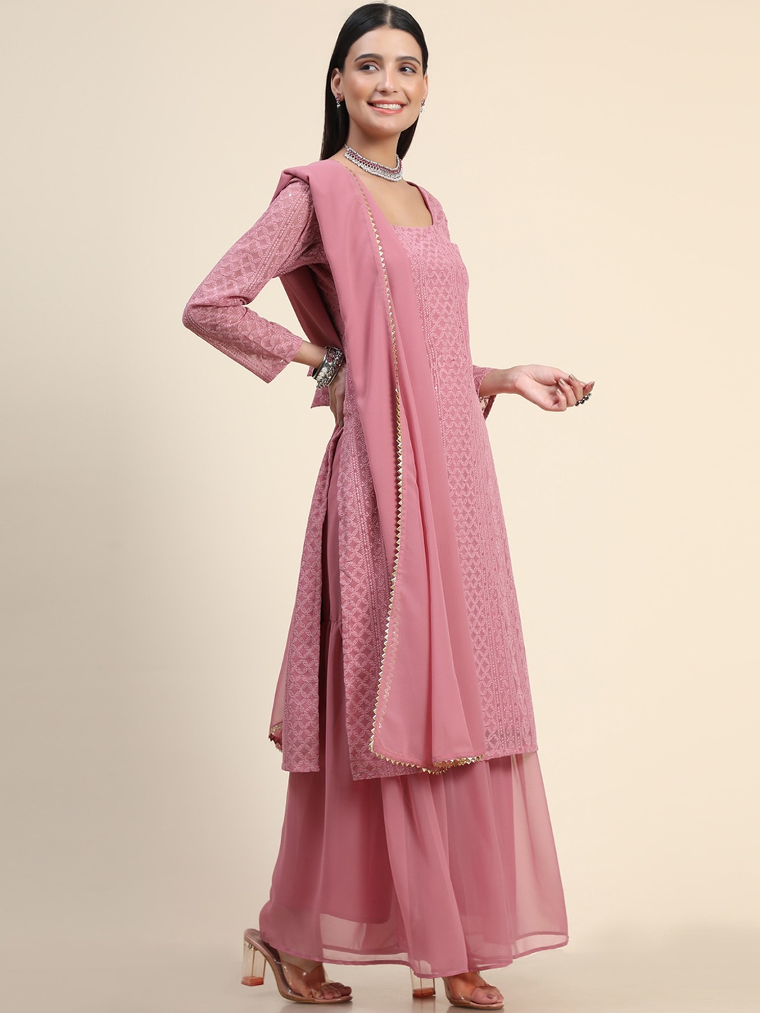 

KALINI Ethnic Embroidered Chikankari Sequined Georgette Kurta with Sharara & Dupatta, Mauve