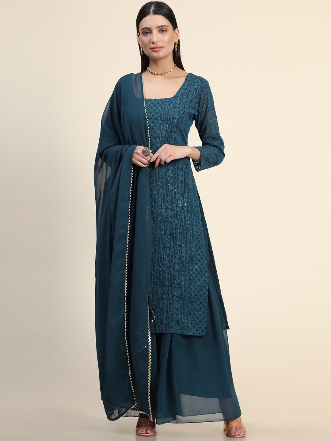 

KALINI Ethnic Motifs Embroidered Georgette Chikankari Kurta with Sharara & Dupatta, Teal