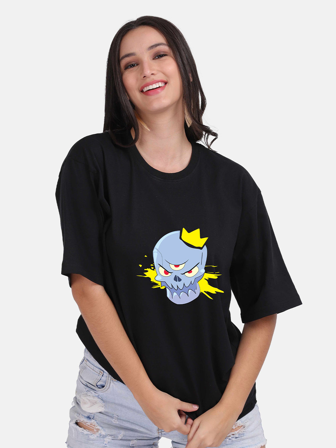 

Mad Over Print Women Black Printed Applique Loose T-shirt