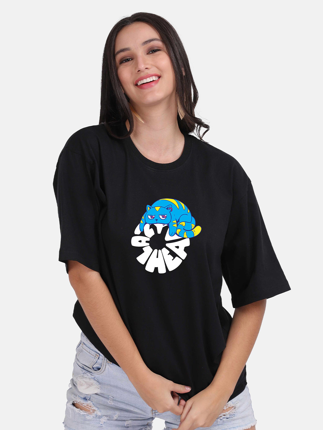 

Mad Over Print Women Black Printed Applique Oversize T-shirt