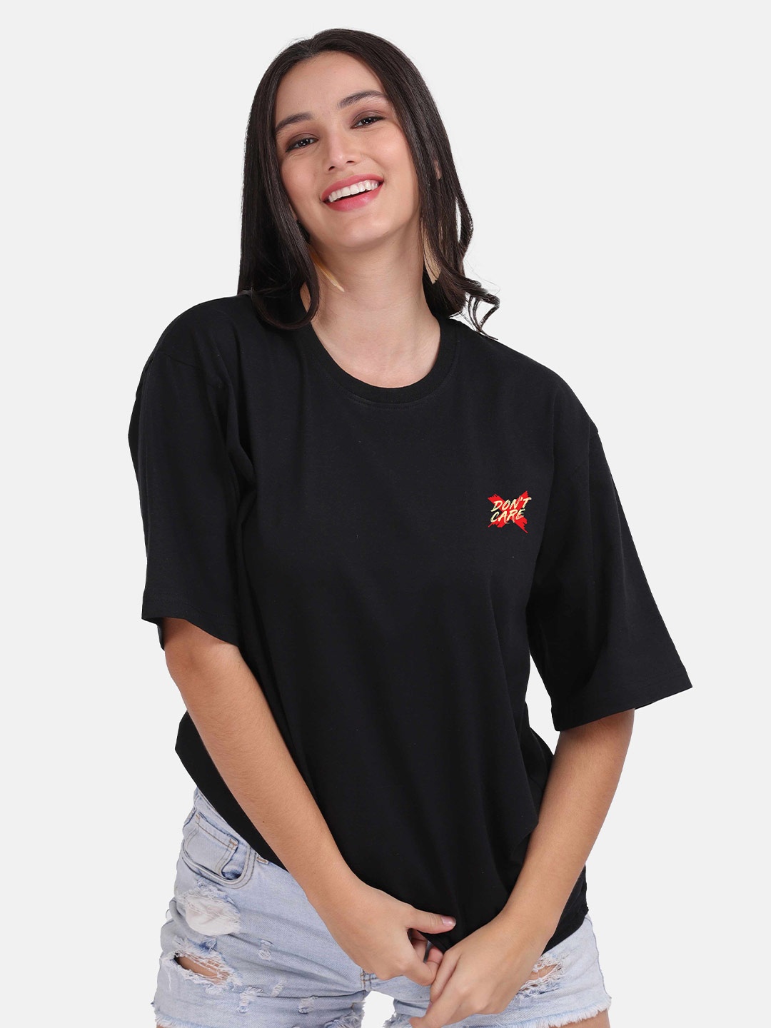 

Mad Over Print Women Black Applique Oversized T-shirt