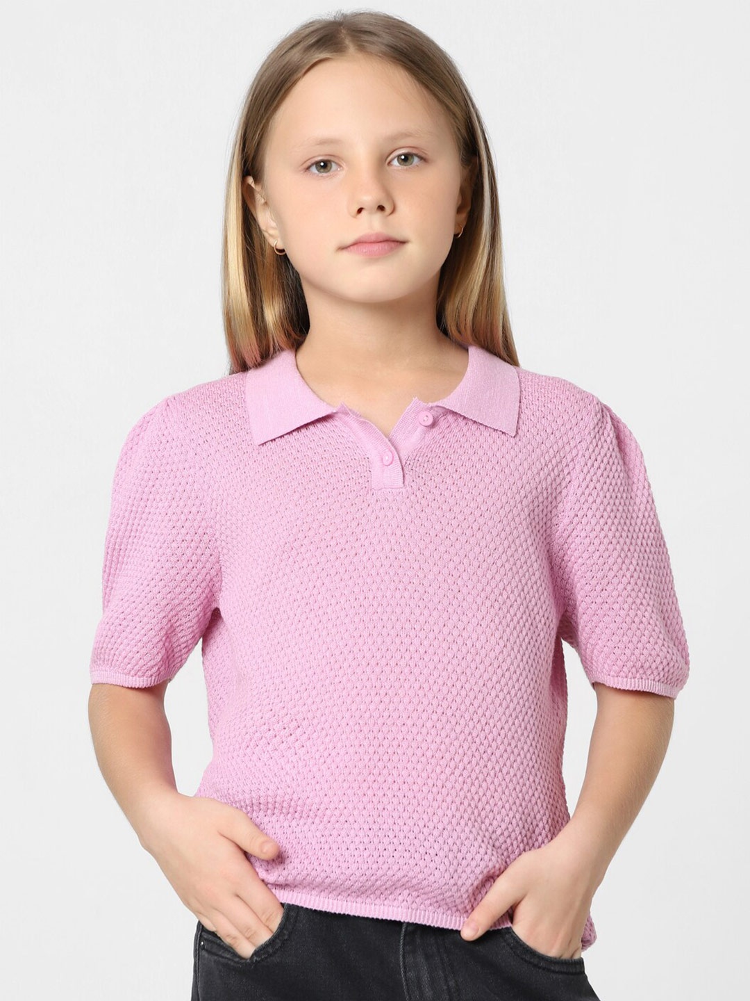 

KIDS ONLY Girls Self Design Polo Collar Cotton T-shirt, Pink