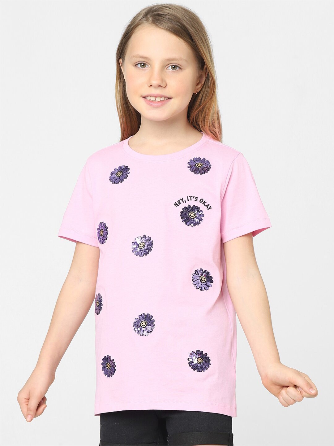 

KIDS ONLY Girls Round Neck Sequenced Embelished Cotton T-shirt, Pink