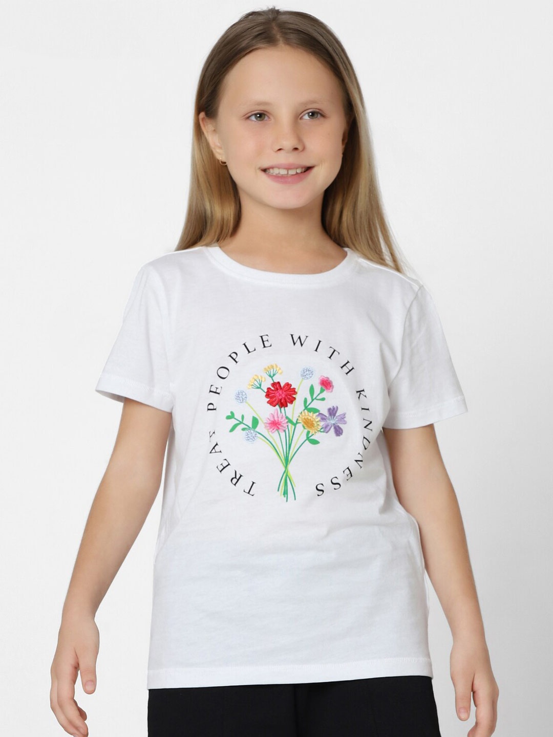 

KIDS ONLY Girls Floral Embroidered Typography Printed T-shirt, White