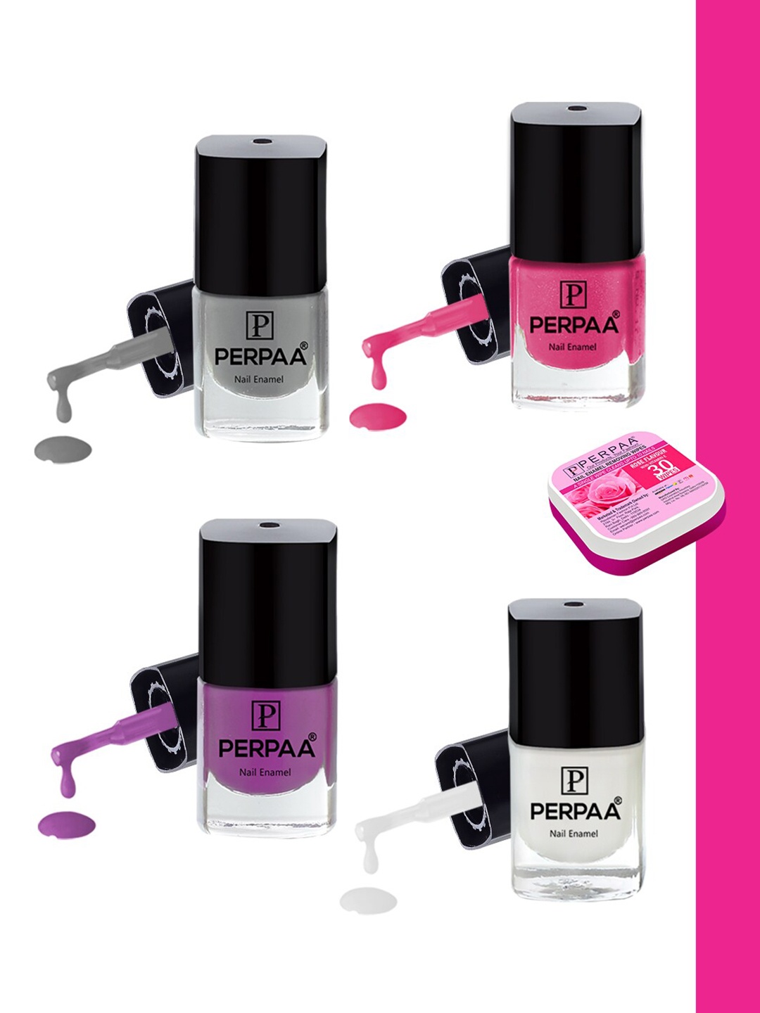 

PERPAA Set of Nail Enamel Removing Wipes & 4 High-Shine Long Lasting Nail Polish 5 ml Each, Purple