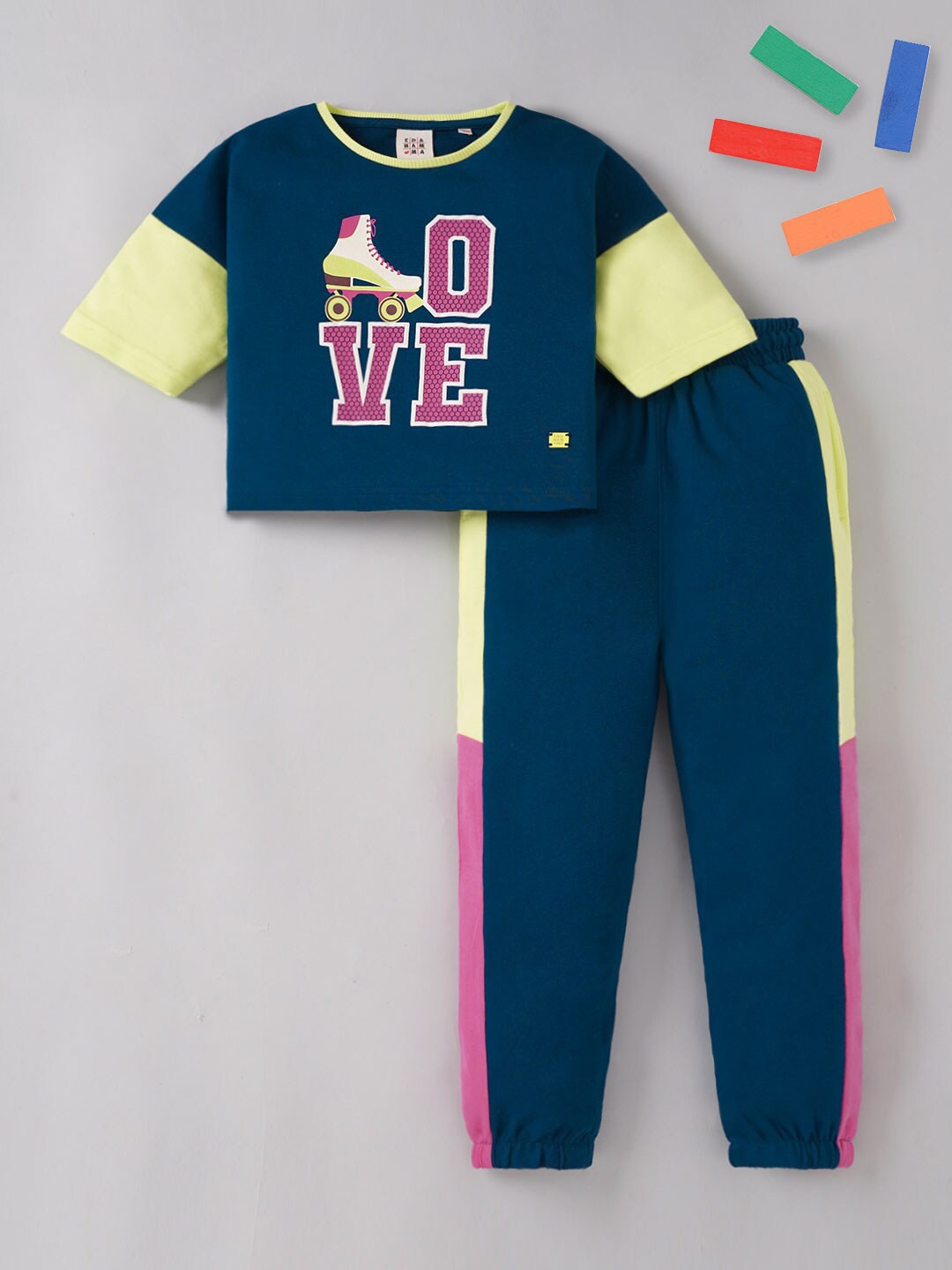 

Ed-a-Mamma Girls Colourblocked Pure Cotton T-shirt with Trousers, Navy blue