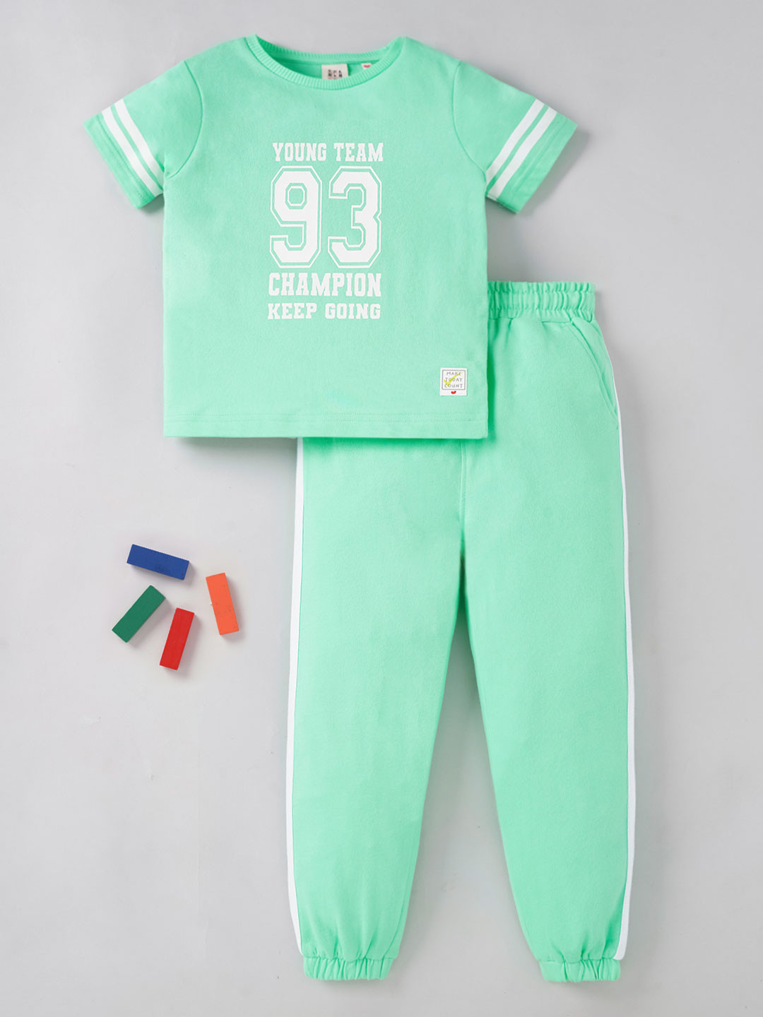 

Ed-a-Mamma Girls Printed Pure Cotton T-shirt with Trousers Clothing Set, Sea green