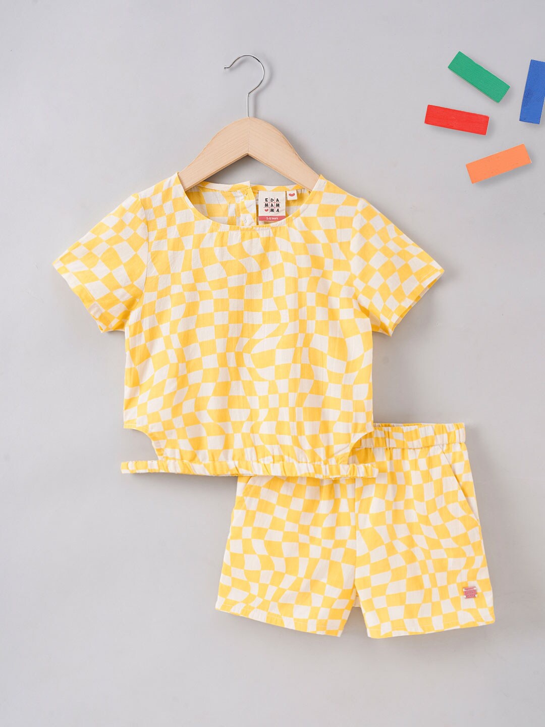 

Ed-a-Mamma Girls Checked Pure Cotton Top with Shorts Clothing Set, Yellow