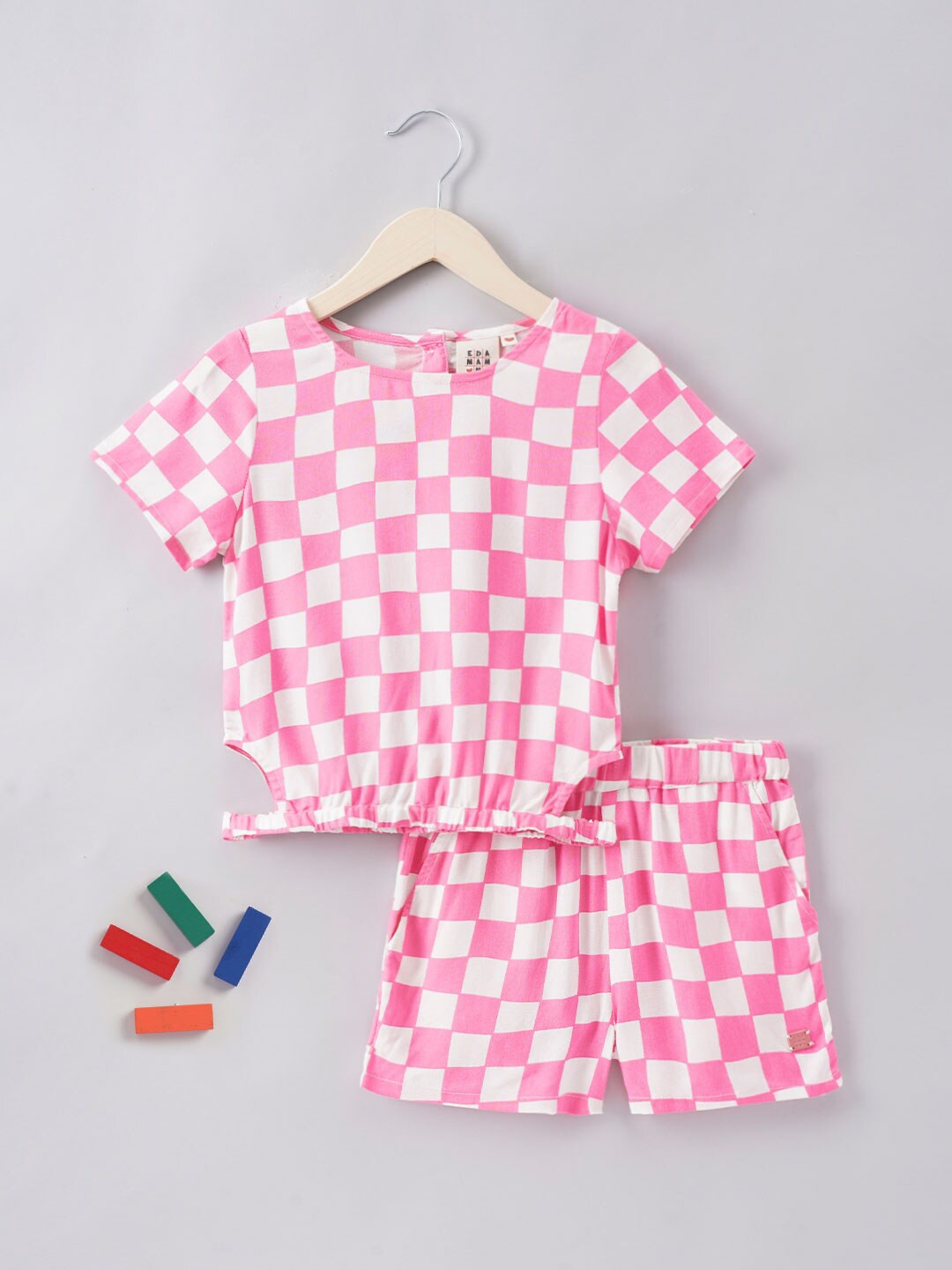 

Ed-a-Mamma Girls Checked Pure Cotton Crop Top with Shorts, Pink