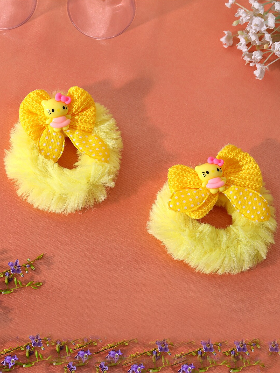 Estele Women Set Of 2 Self Design Ponytail Holders, Yellow