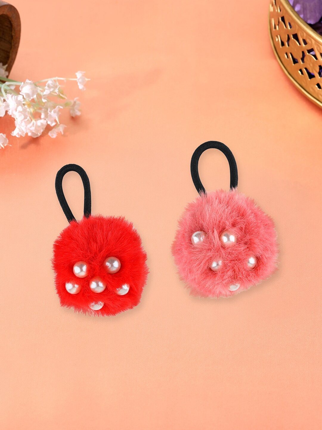 Estele Women Set of 2 Embellished Ponytail Holders, Red