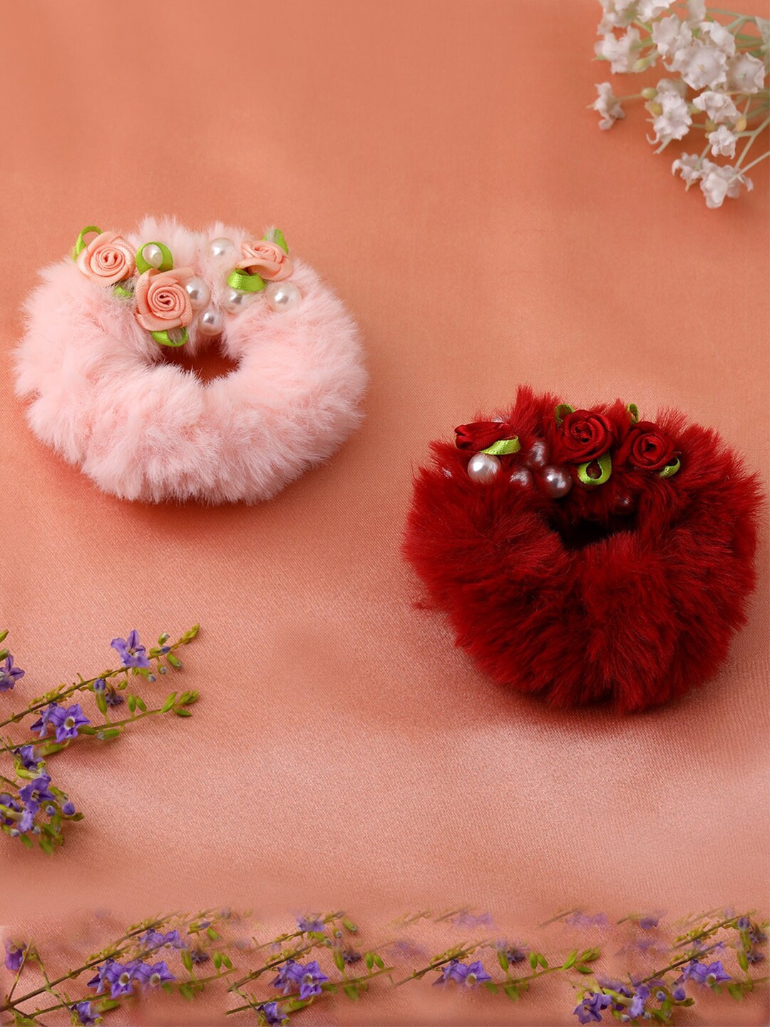 

Estele Women Set of 2 Floral & Beaded Ponytail Holders, Maroon