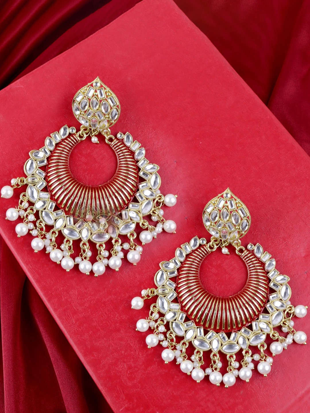 

VAGHBHATT Gold-Plated Contemporary Chandbalis Earrings, Red