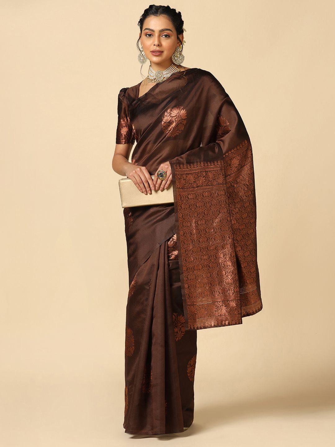 

KALINI Floral Woven Design Zari Banarasi Saree, Brown