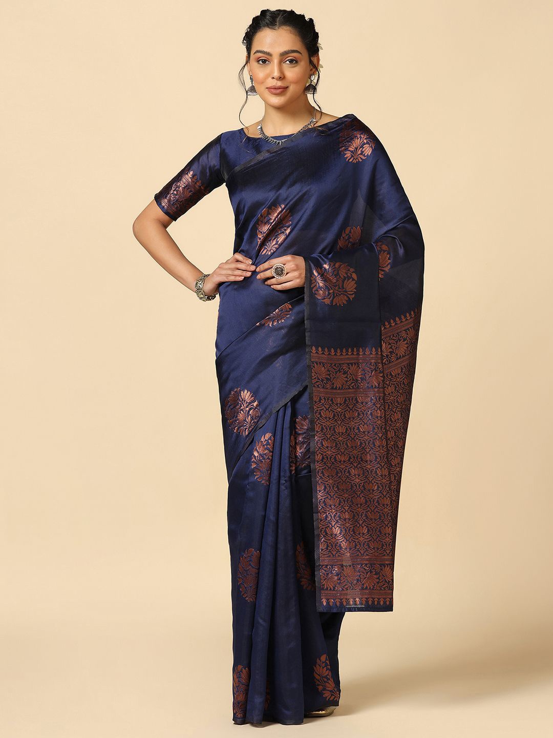 

KALINI Floral Woven Design Zari Banarasi Saree, Navy blue