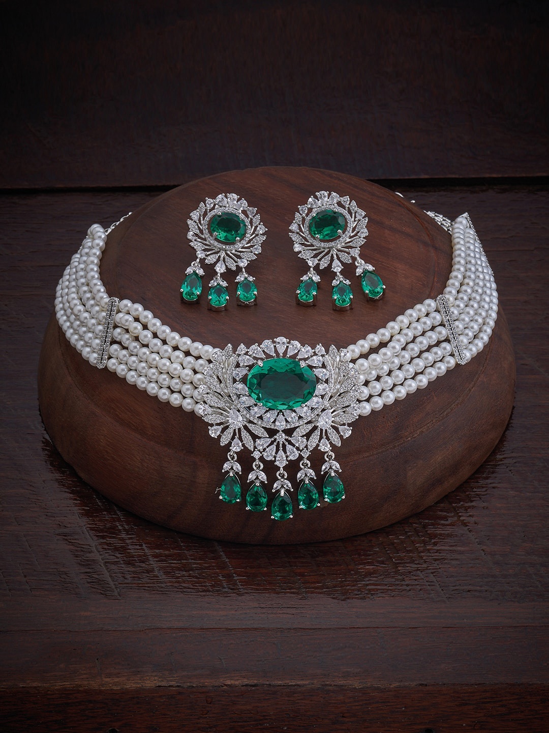

Kushal's Fashion Jewellery Rhodium-Plated CZ-Studded & Beaded Jewellery Set, Silver