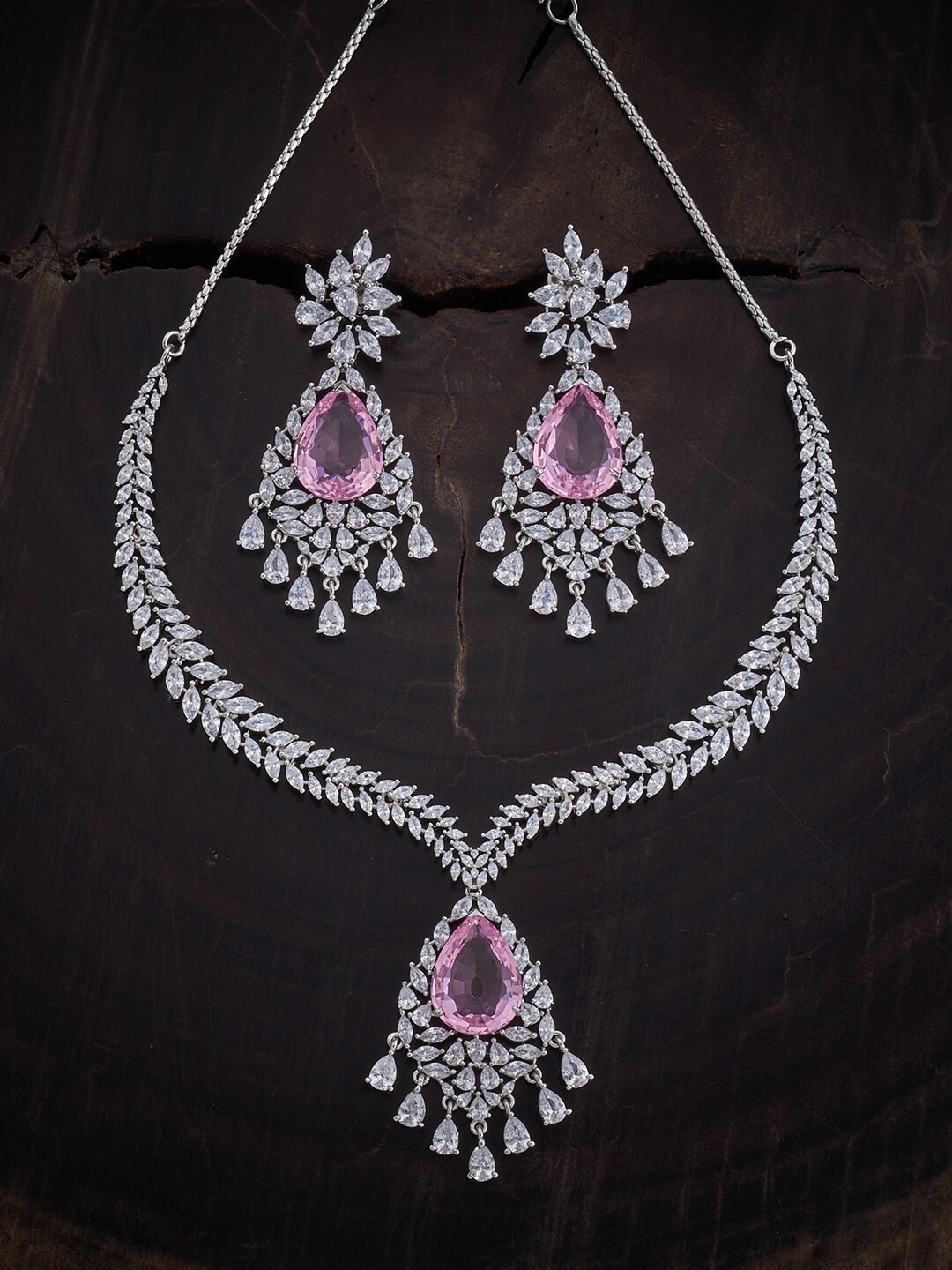 

Kushal's Fashion Jewellery Rhodium-Plated Sparkling CZ Stone-Studded Jewellery Set, Silver