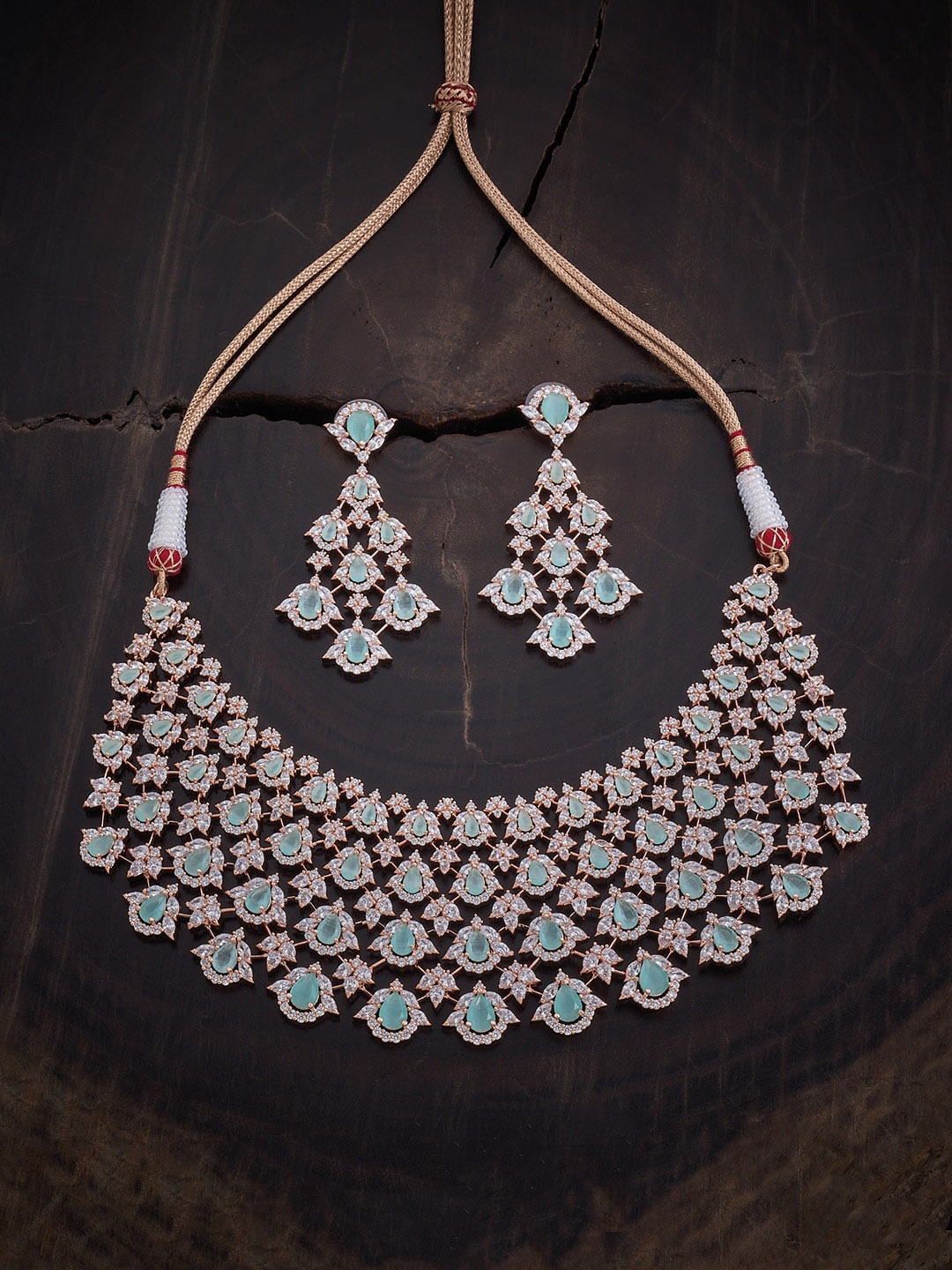 

Kushal's Fashion Jewellery Rose-Gold Plated Sea Green CZ-Studded Jewellery Set