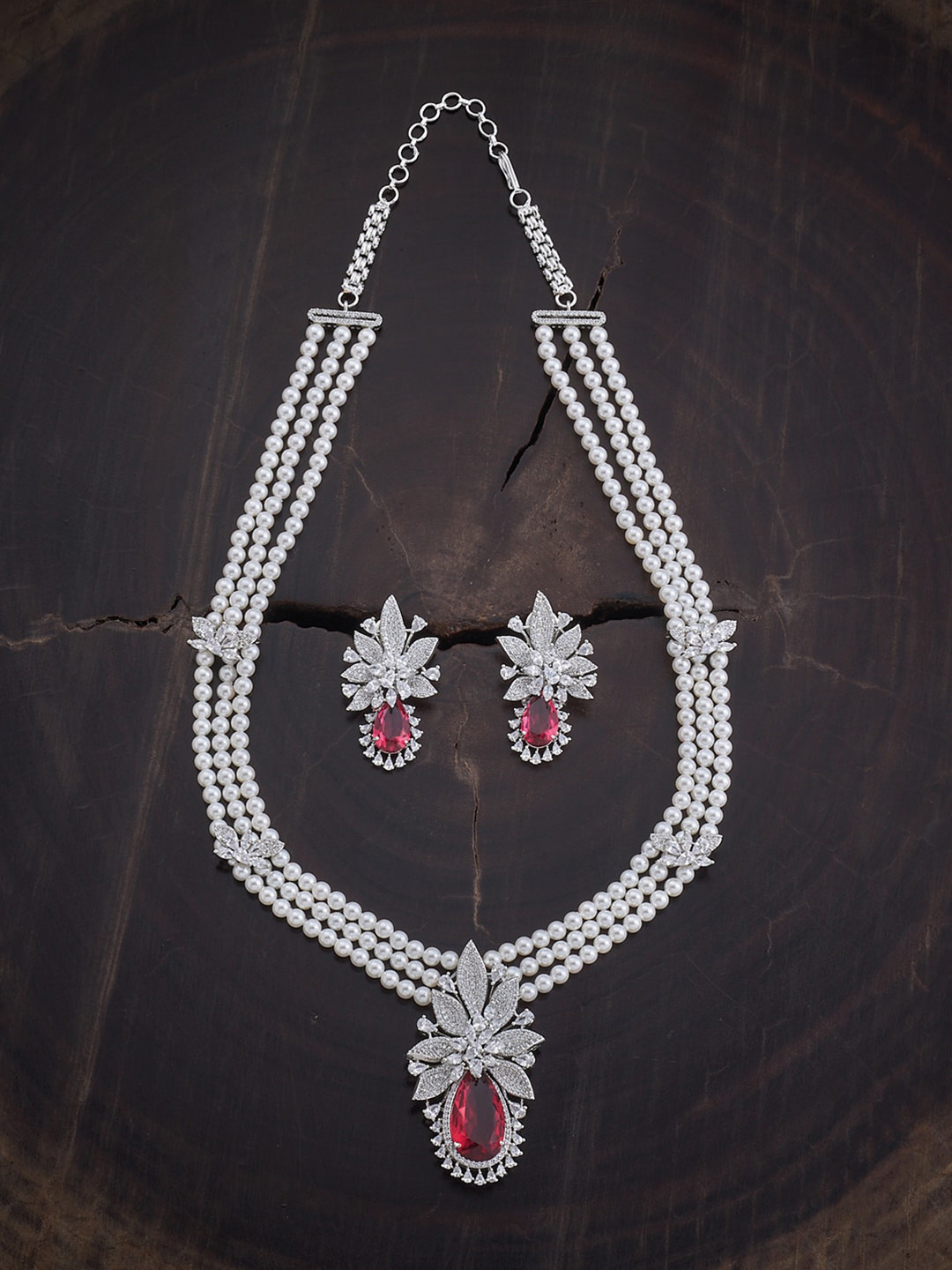 

Kushal's Fashion Jewellery Rhodium-Plated CZ-Studded & Beaded Jewellery Set, Silver