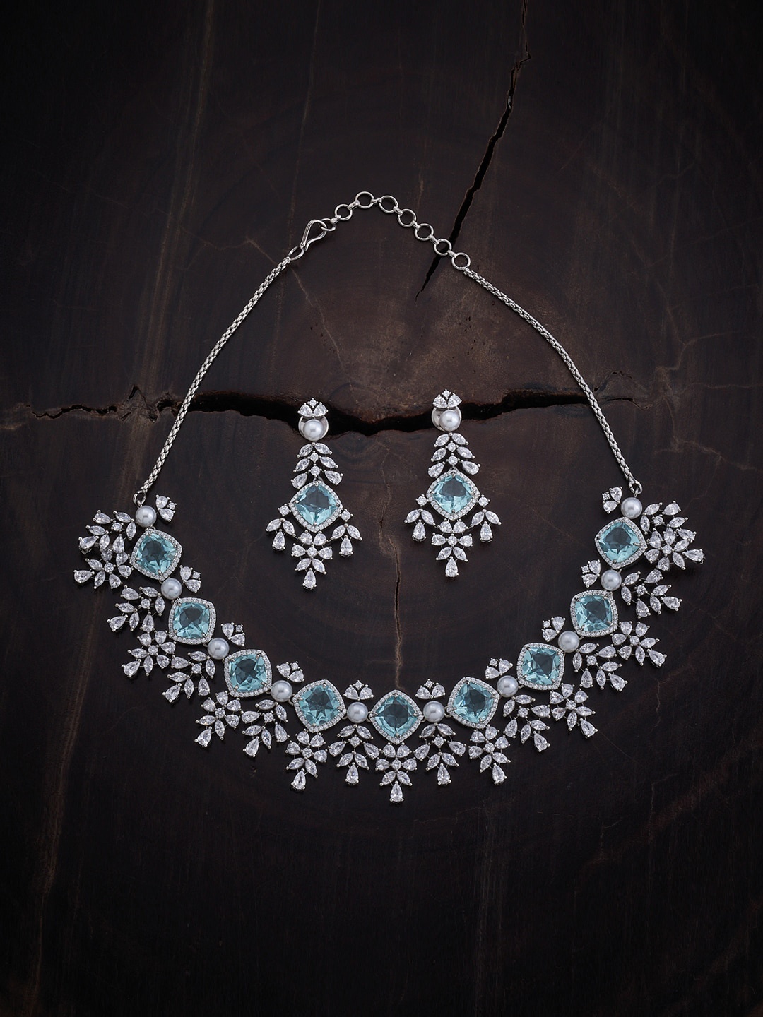 

Kushal's Fashion Jewellery Rhodium-Plated Sparkling CZ Stone-Studded & Pearl Beaded Jewellery Set, Silver