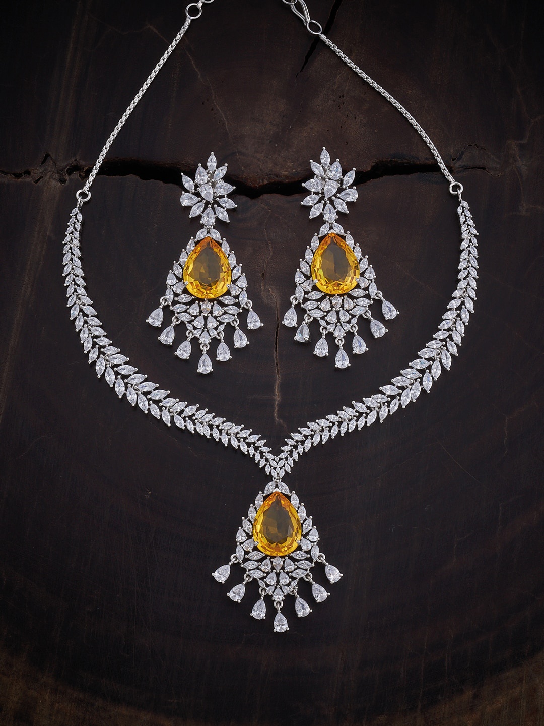 

Kushal's Fashion Jewellery Rhodium-Plated CZ Studded Jewellery Set, Silver