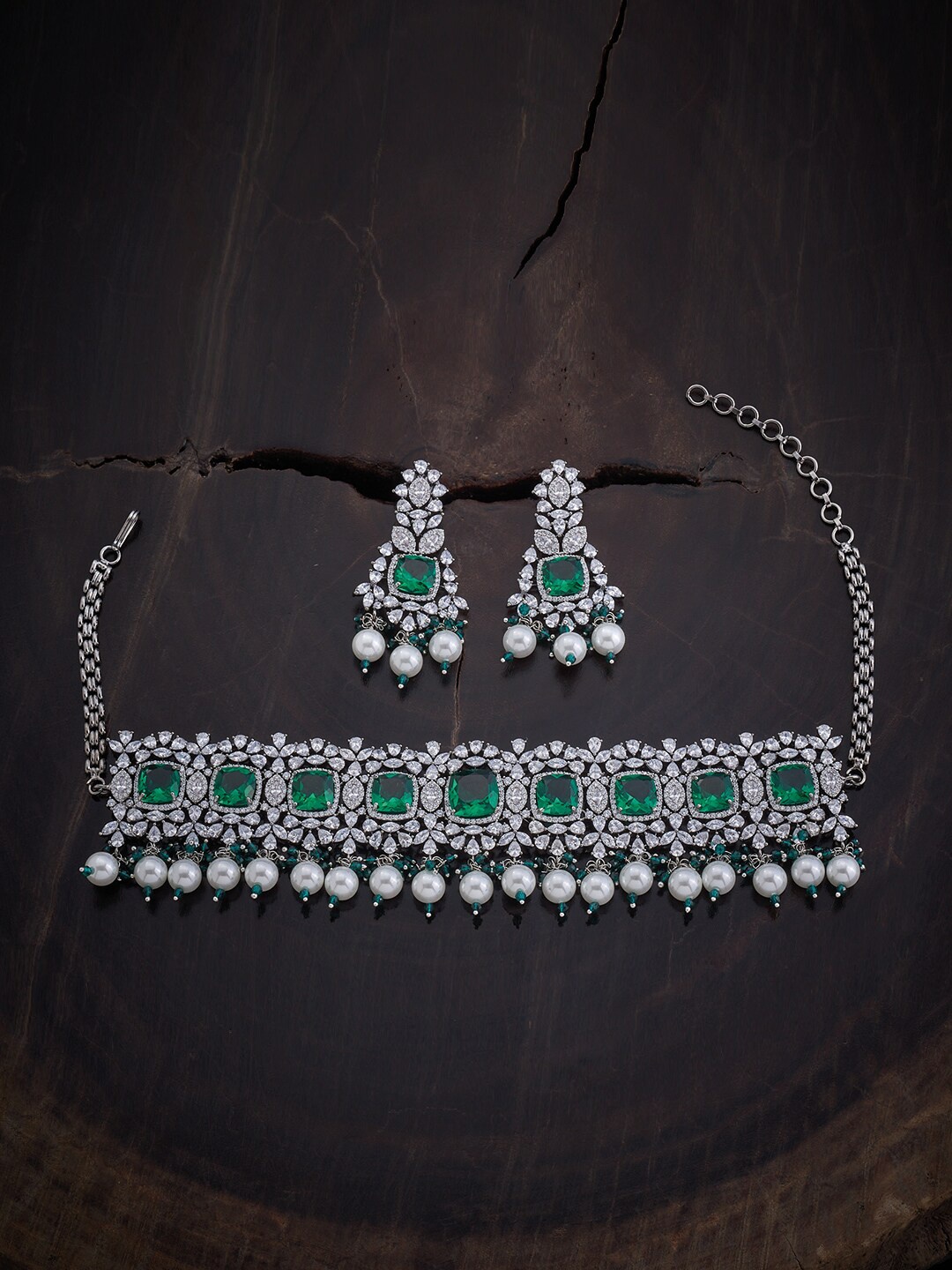 

Kushal's Fashion JewelleryRhodium-Plated CZ-Studded & Pearl Beaded Jewellery Set, Green