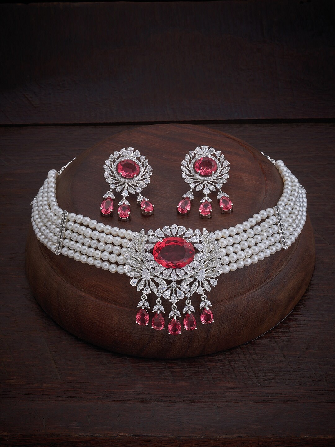 

Kushal's Fashion Jewellery Rhodium-Plated CZ Studded Jewellery Set, Silver