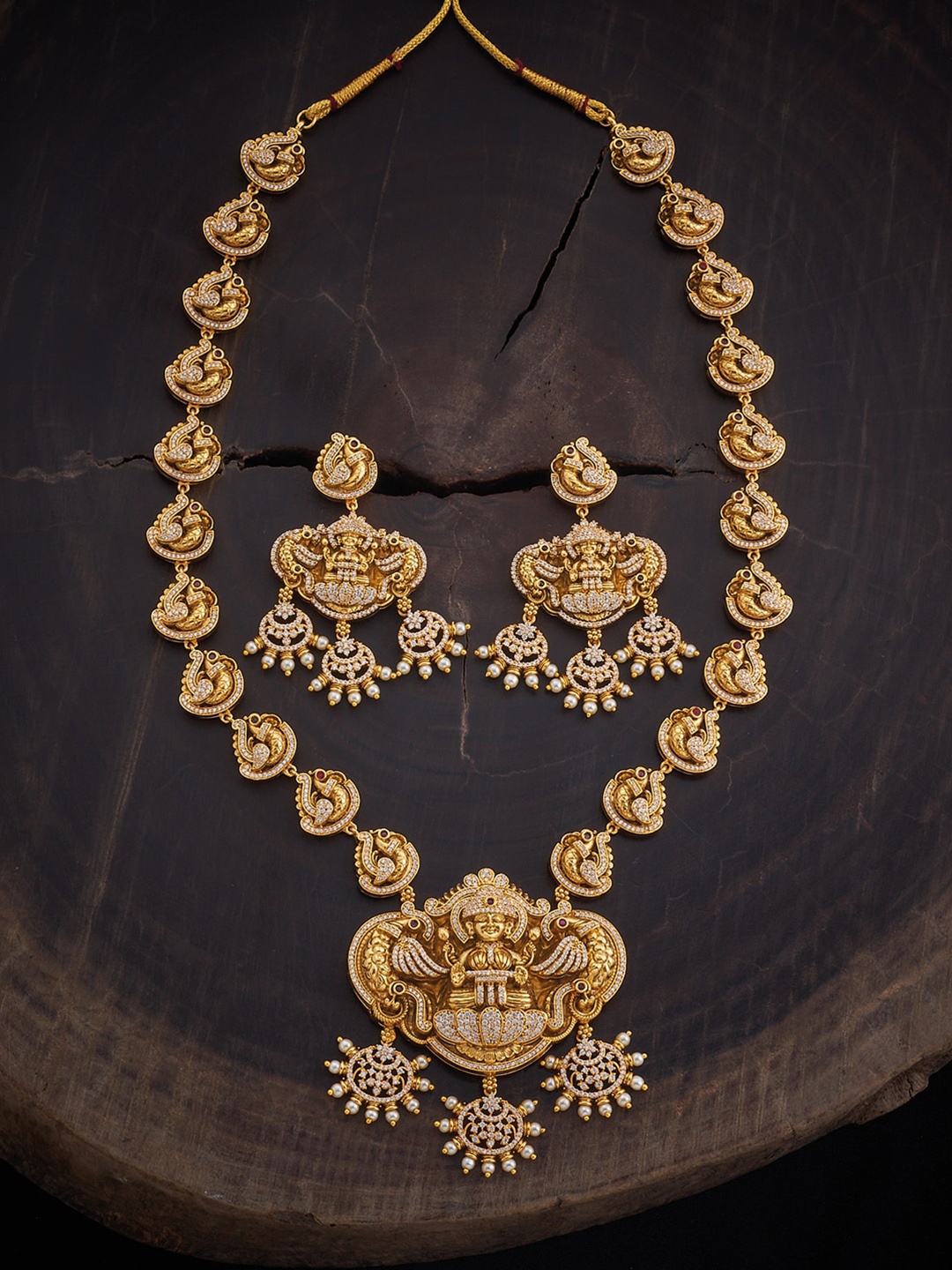 

Kushal's Fashion Jewellery Stone Studded & Pearl Beaded Temple Motif Designed Copper Jewellery Set, Red