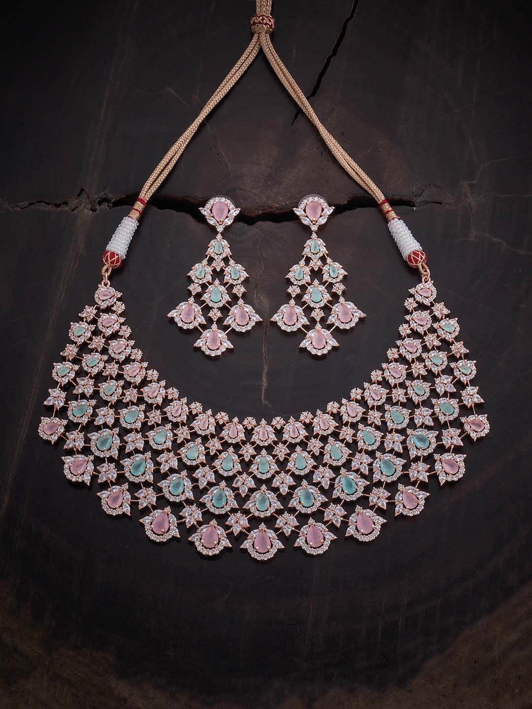 

Kushal's Fashion Jewellery Rose Gold-Plated CZ Studded Copper Jewellery Set, Pink
