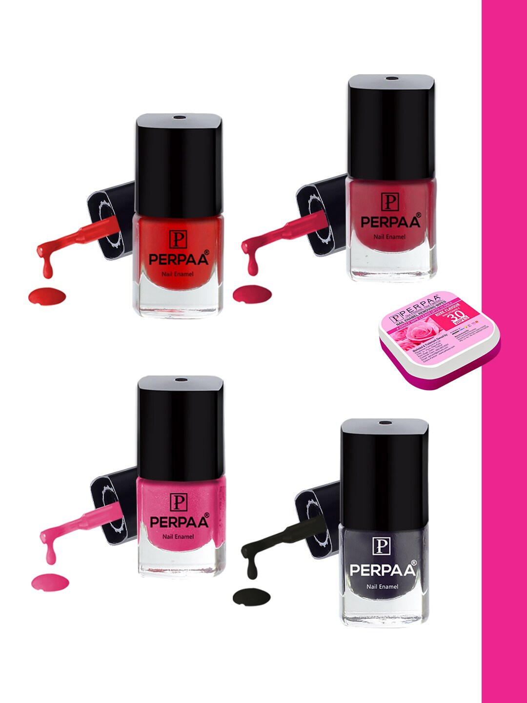 

PERPAA Set of Nail Enamel Removing Wipes & 4 High-Shine Long Lasting Nail Polish 5 ml Each, Pink