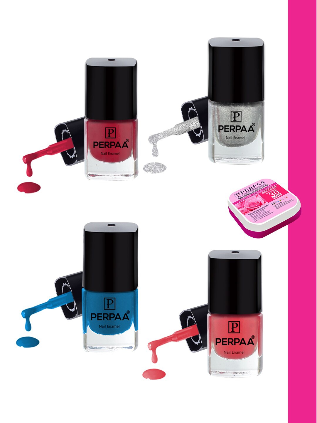

PERPAA Set of Nail Enamel Removing Wipes & 4 High-Shine Long Lasting Nail Polish 5 ml Each, Blue