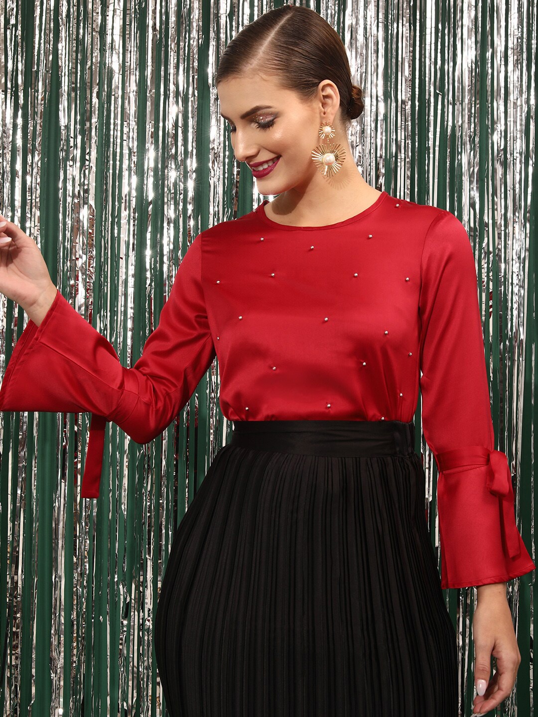 

STREET 9 Tie-Up Detail Embellished Top, Red