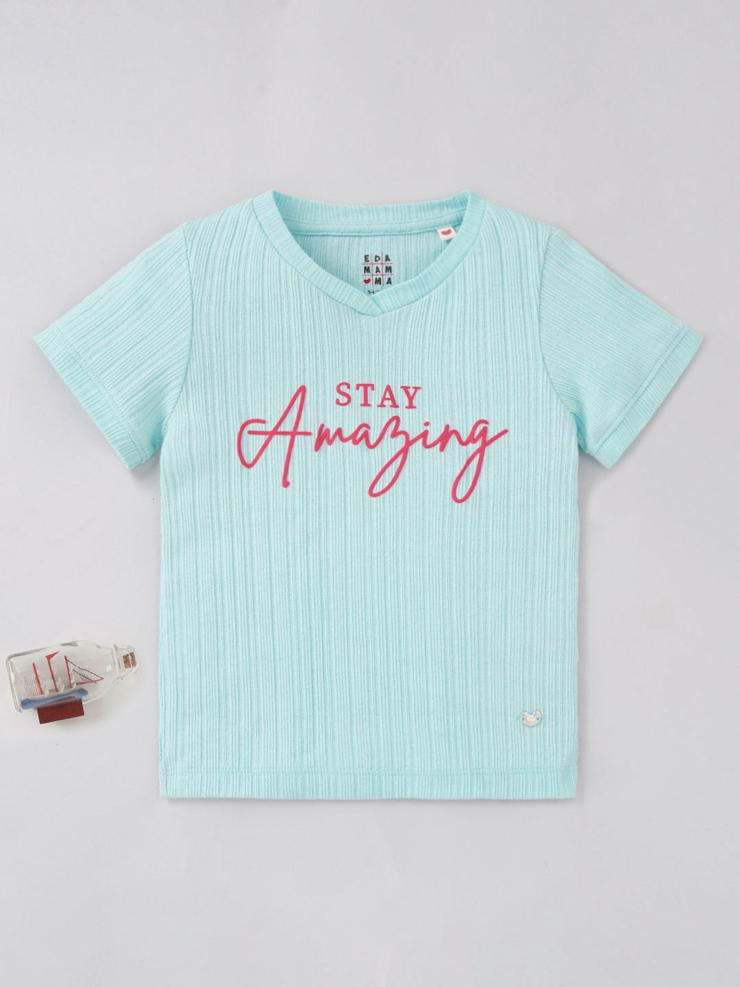 

Ed-a-Mamma Girls Typography Printed V-Neck Cotton T-shirt, Blue