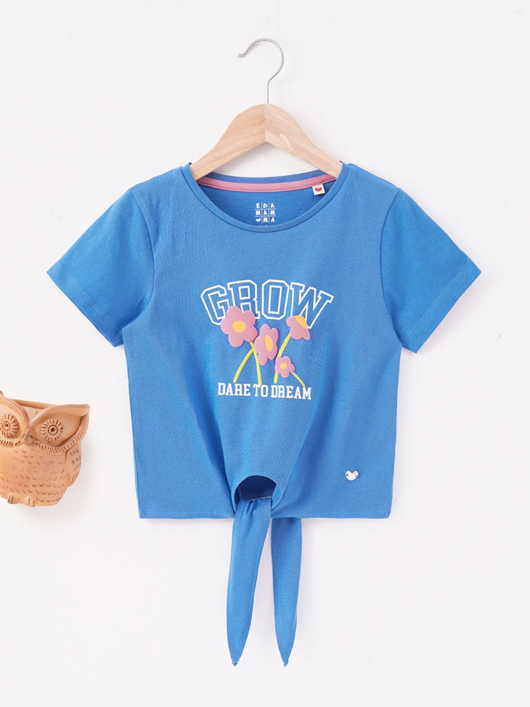 

Ed-a-Mamma Girls Round Neck Typography Printed Cotton Knot T-shirt, Blue