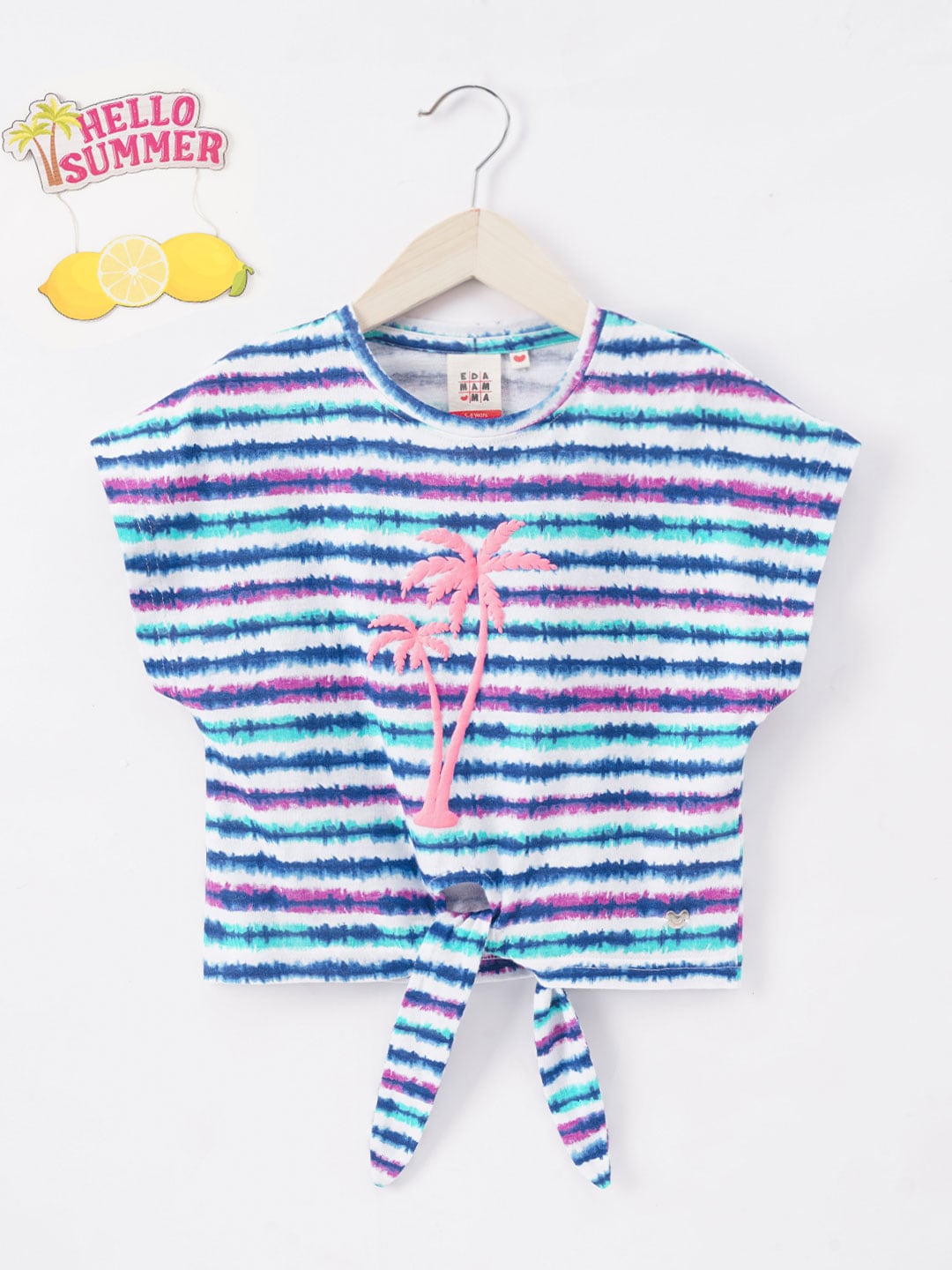 

Ed-a-Mamma Girls Tropical Applique Striped Tie-Up Cotton T-shirt, Purple