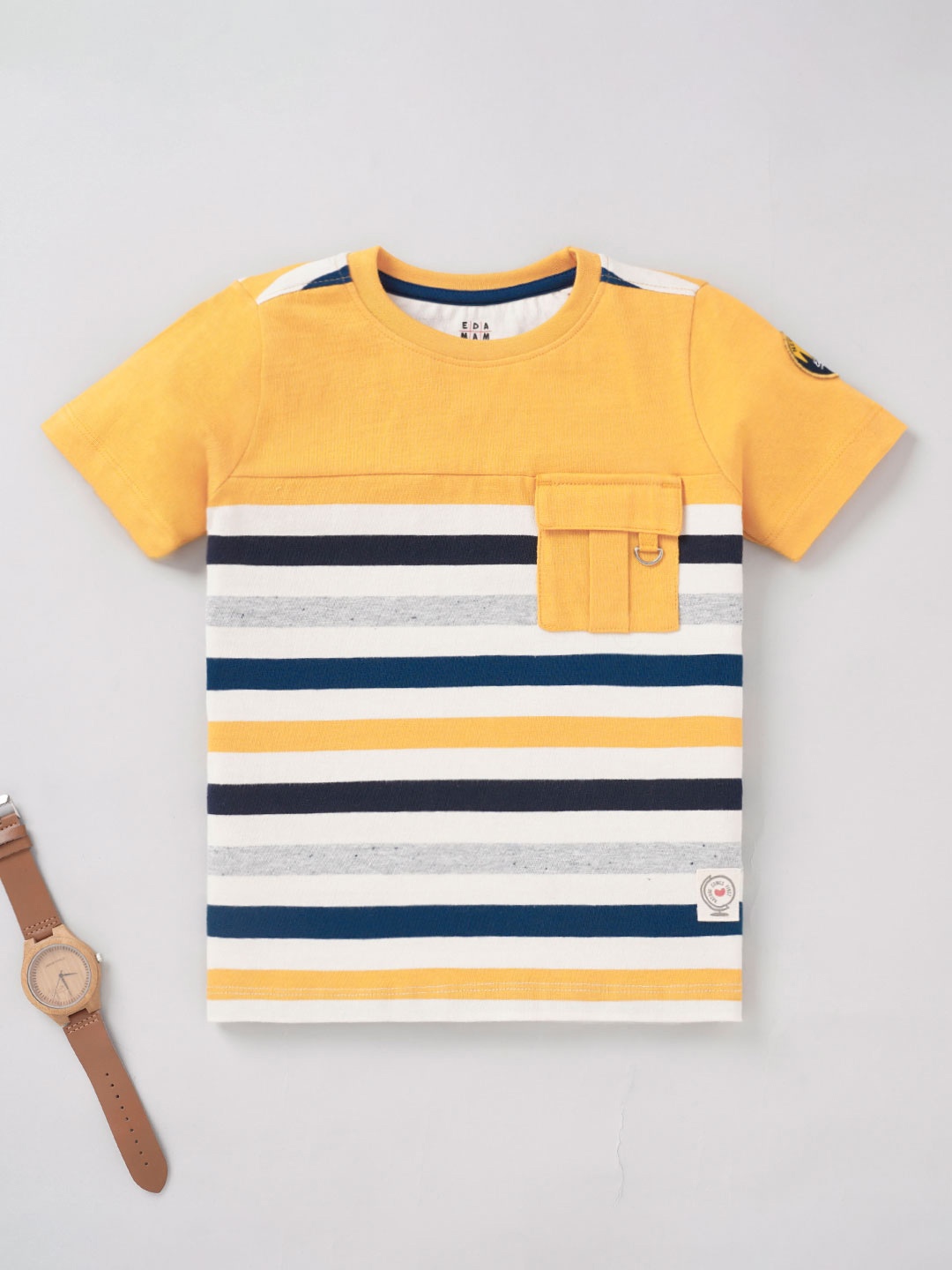 

Ed-a-Mamma Boys Striped Pocket Detailed Cotton T-shirt, Mustard