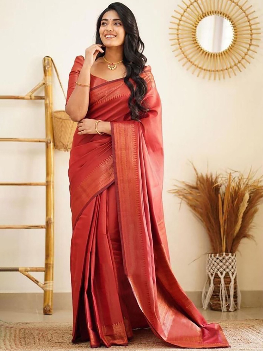 

Anjaneya Sarees Woven Design Zari Silk Blend Saree, Red